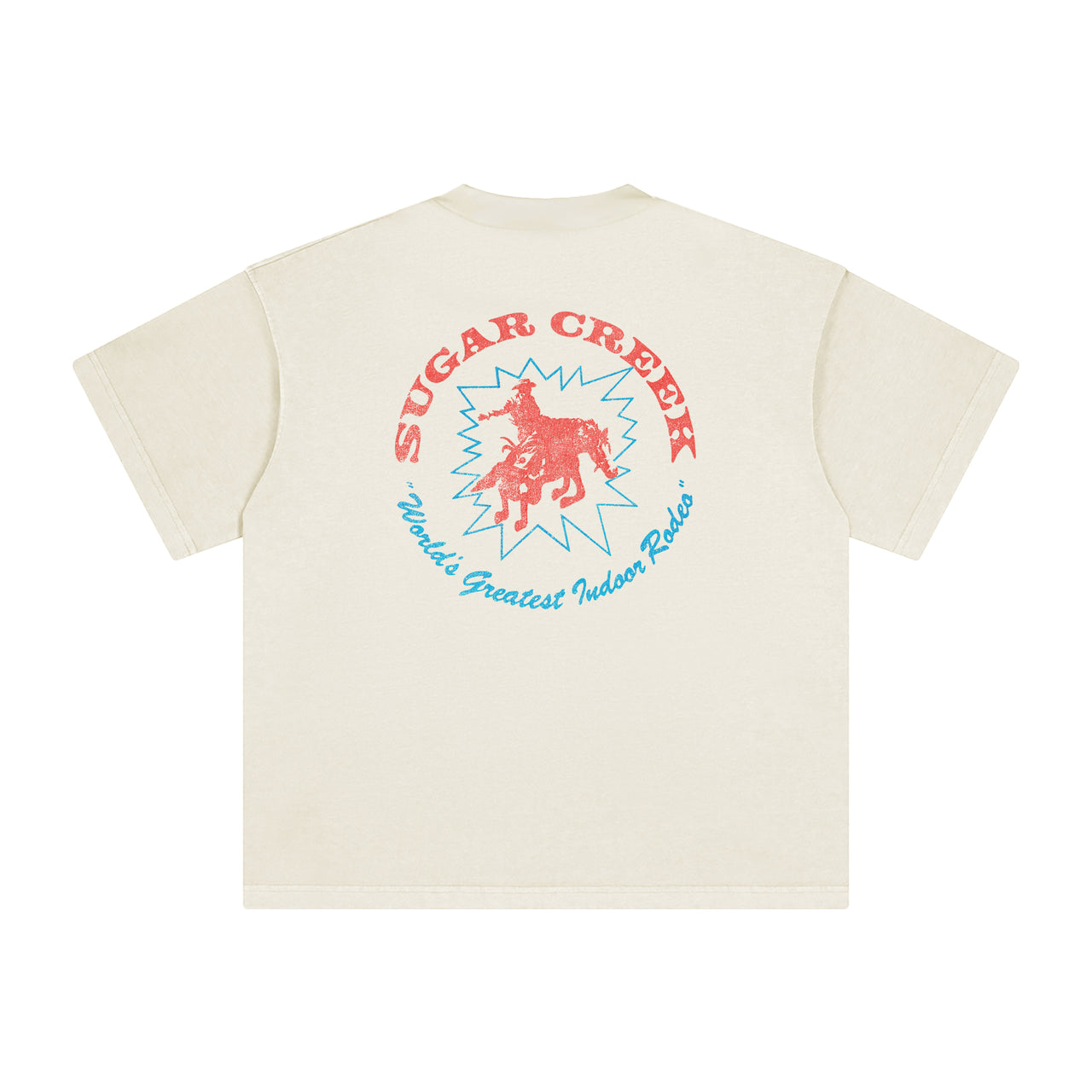 Beige t-shirt with a circular logo on a white background