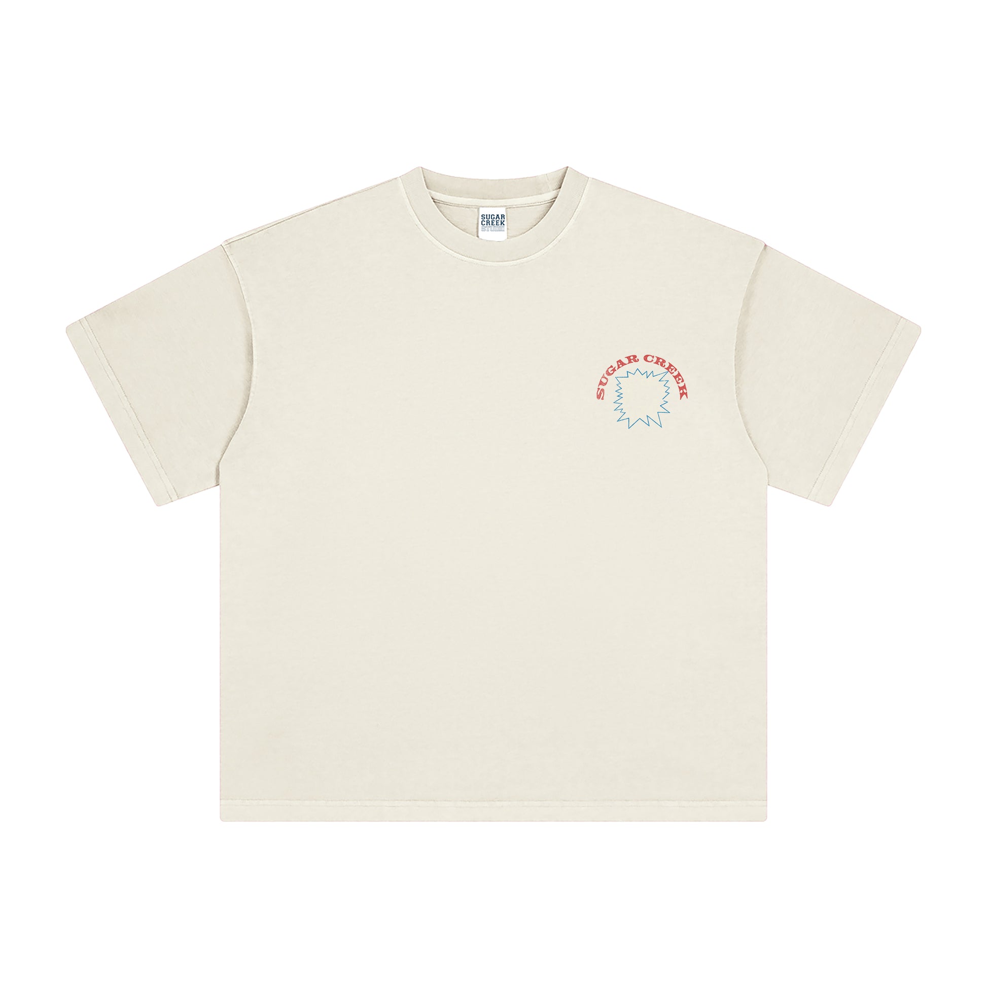 Beige t-shirt with a circular logo on a white background