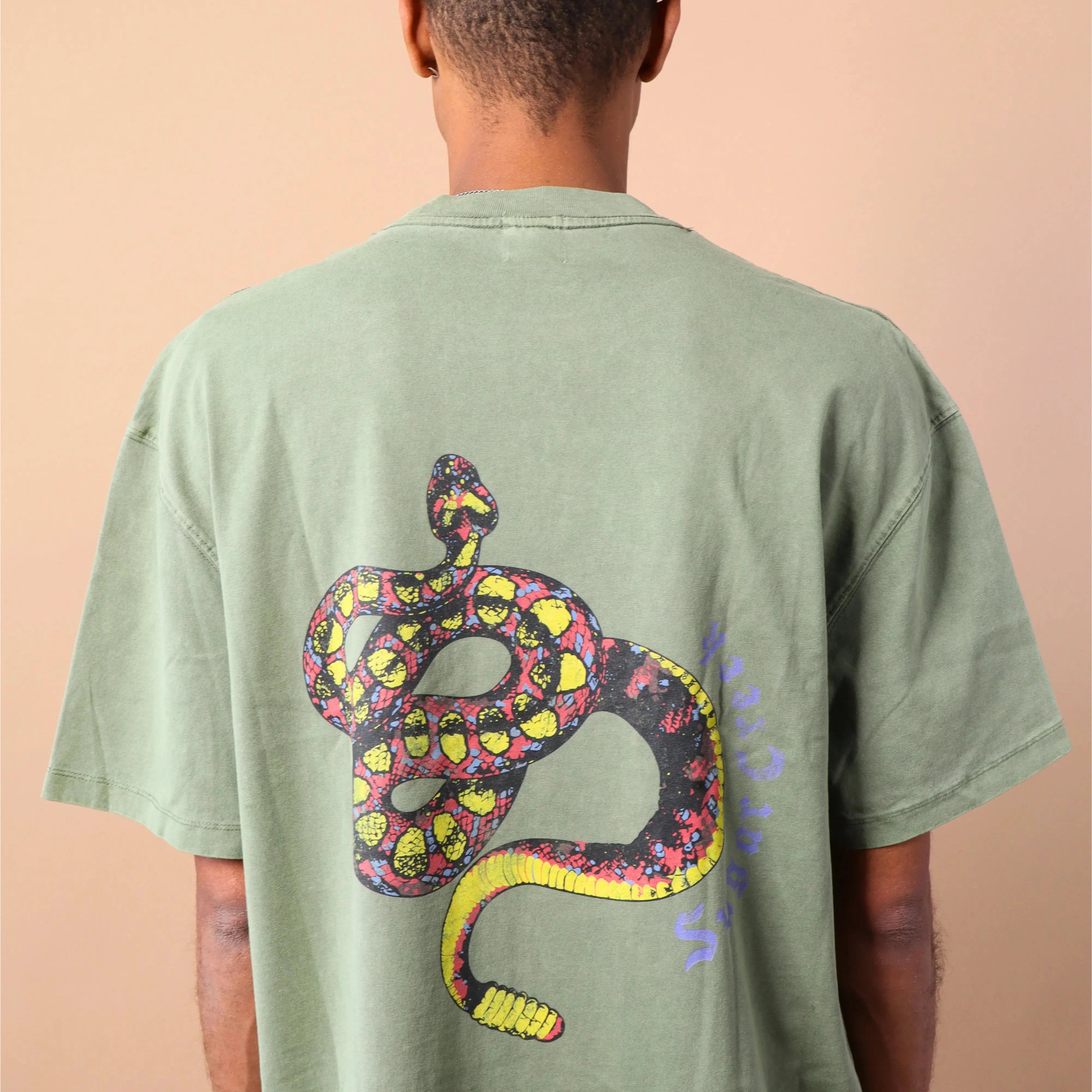 Person wearing a green t-shirt with a colorful snake design on the back, standing against a beige background.