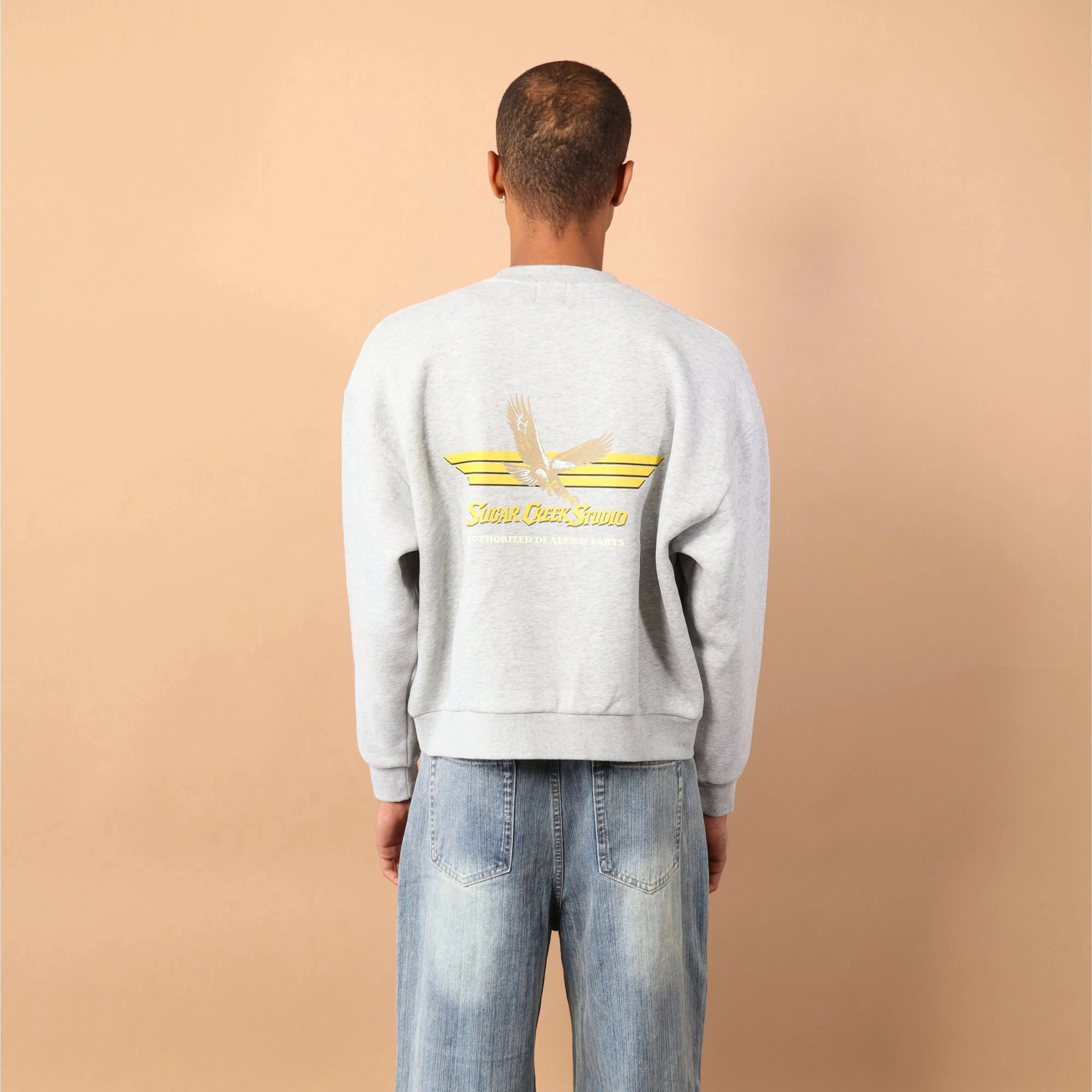 Person wearing a light gray sweatshirt with a logo on the back against a beige wall.