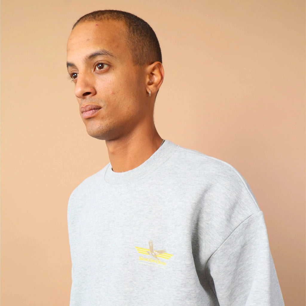 Man wearing a light gray sweatshirt with a small yellow logo on a beige background