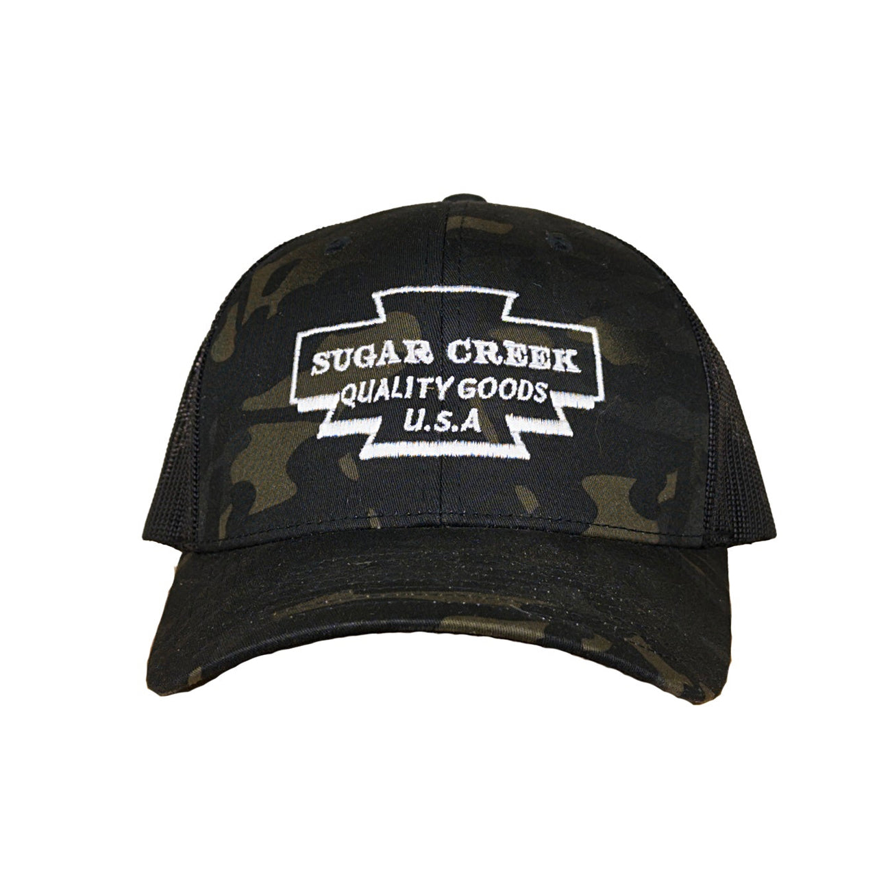 Black cap with white text on a white background