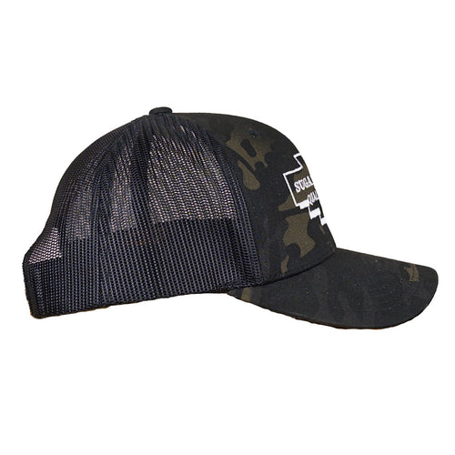 Black mesh cap with camouflage pattern on a white background