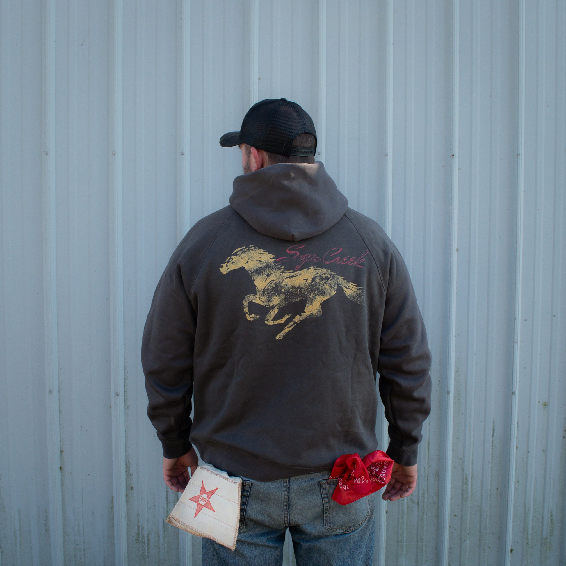 Person wearing a hoodie with a horse design against a corrugated metal wall.