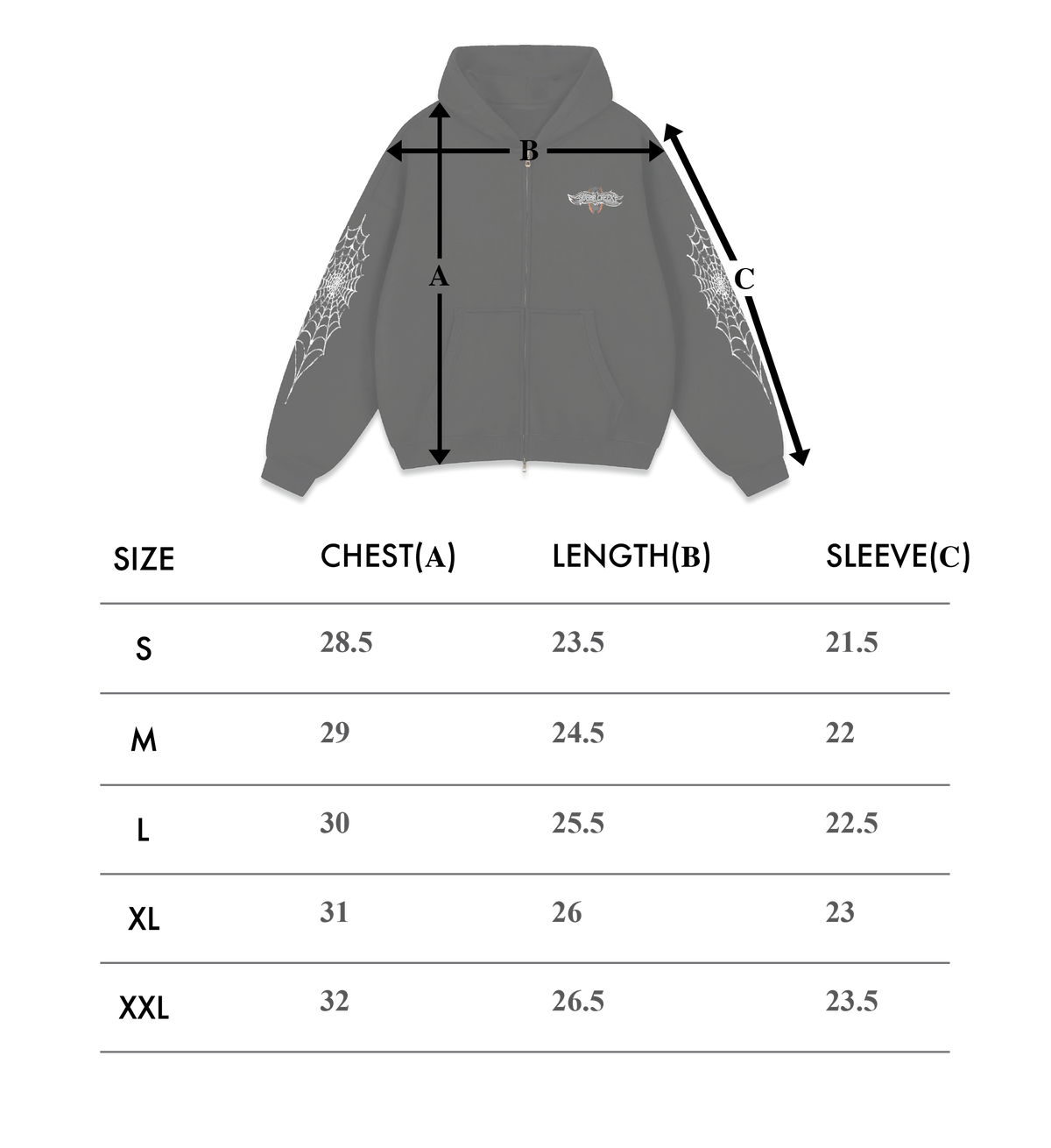 Size chart – Black Widow Zip-Up
