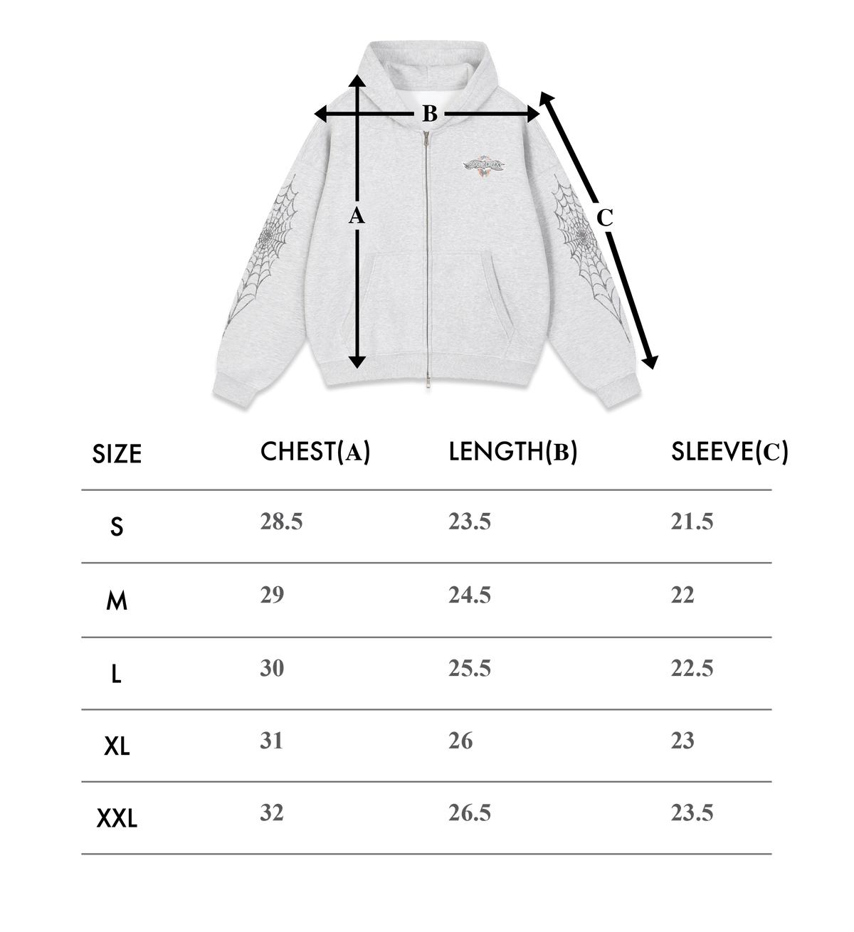 Size chart – Black Widow Zip-Up