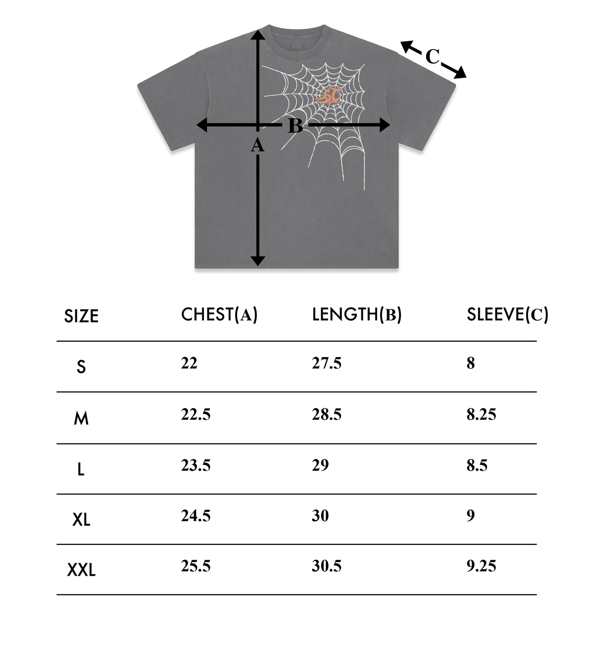 Size chart – Cobweb T-Shirt
