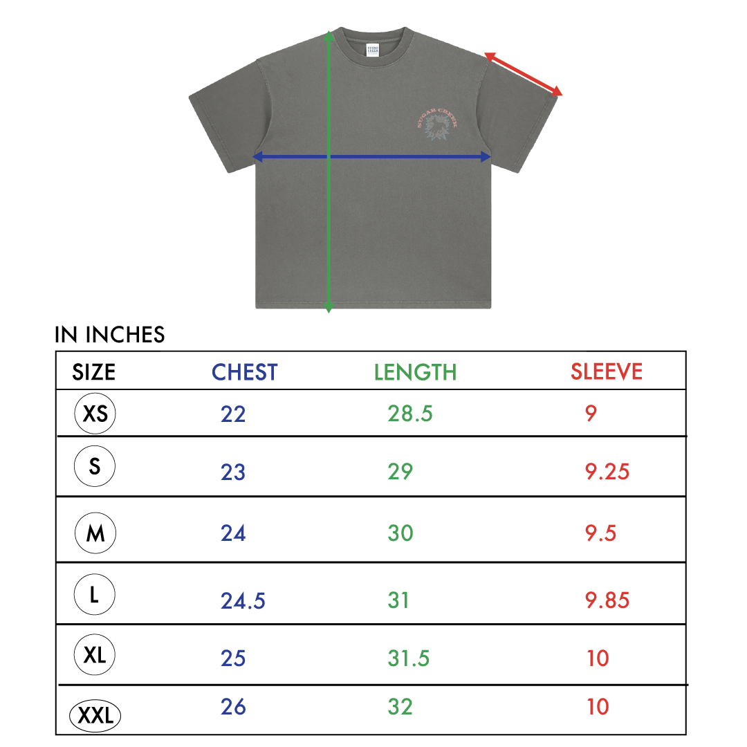 Size chart – Belt Buckle T-Shirt (Vintage Grey)