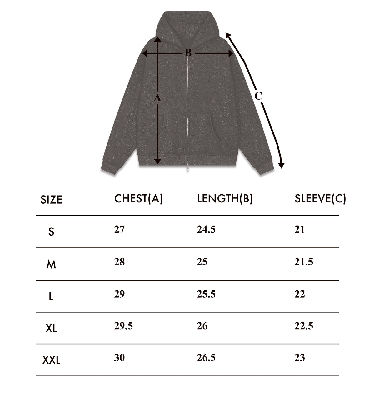 Size chart – Burnout Zip-Up