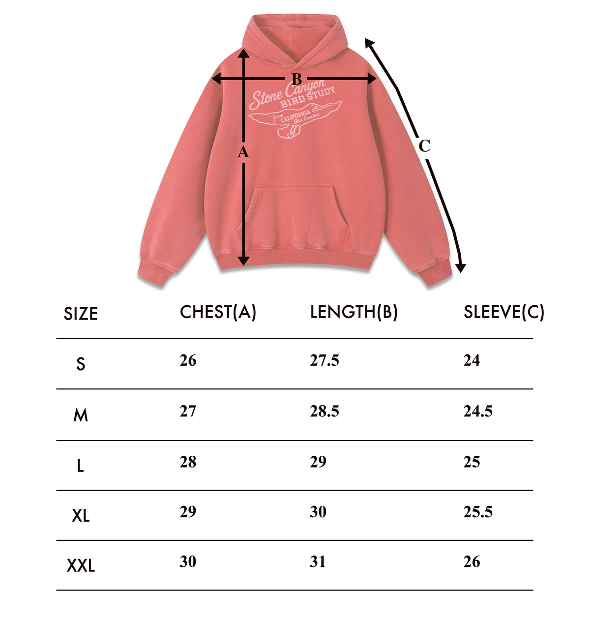 Size chart – Bird Study Hoodie