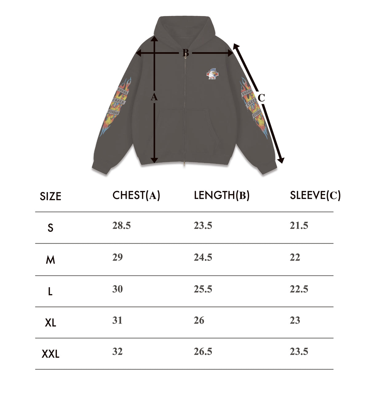 Size chart – Freebird Zip-Up