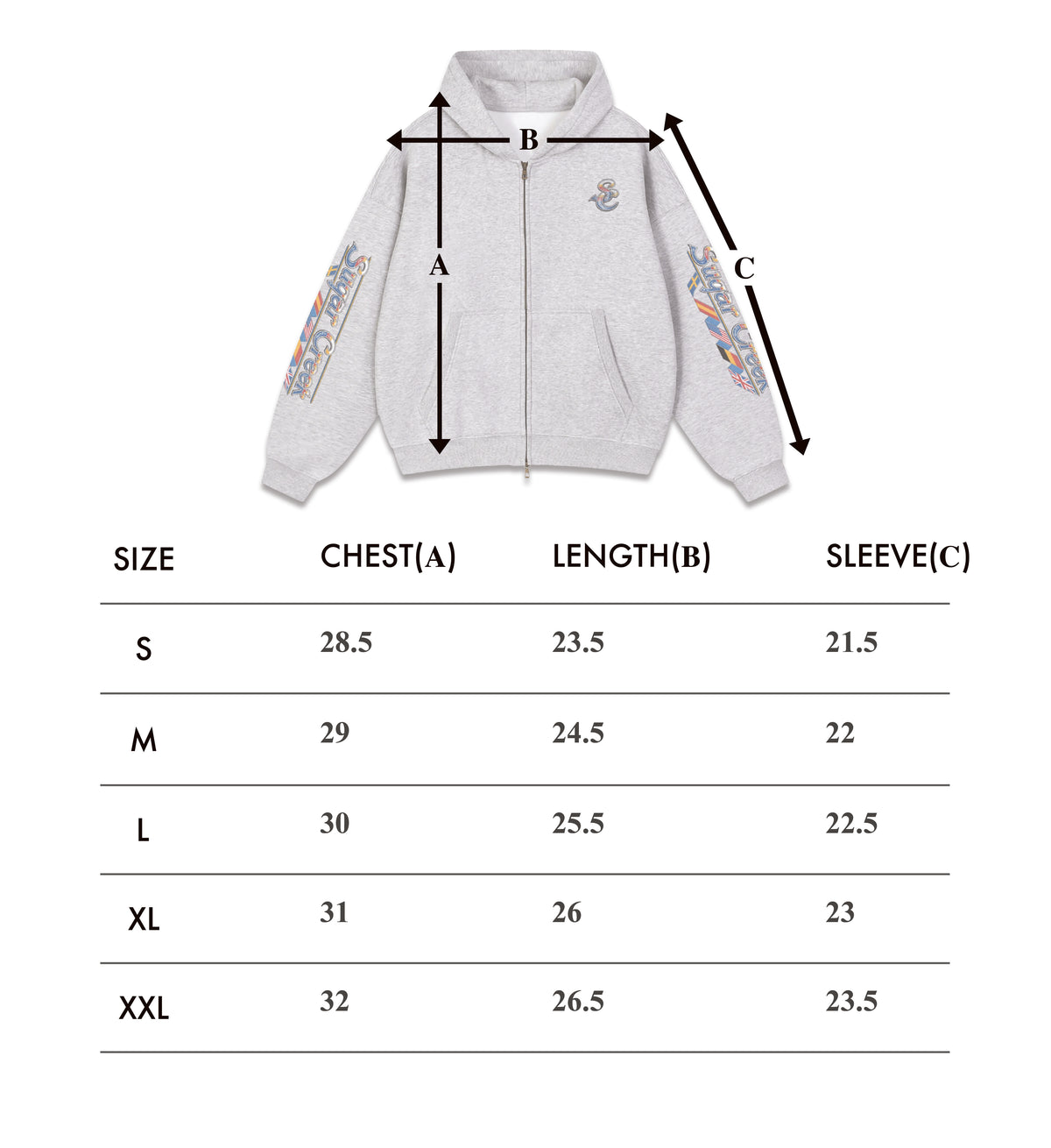 Size chart – Sterling Zip-Up