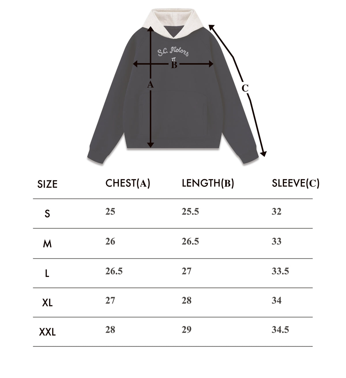 Size chart – Motors Hoodie