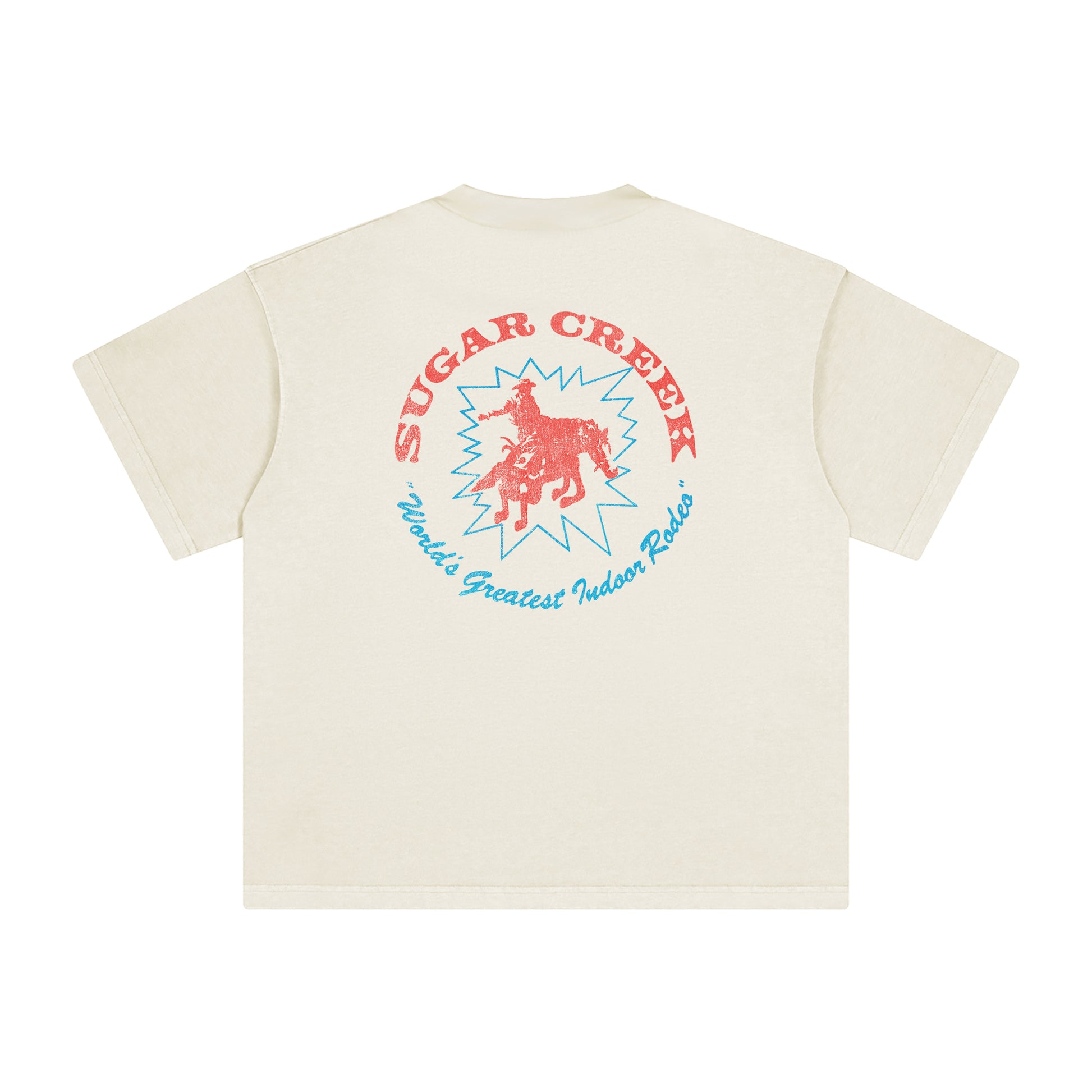 Beige t-shirt with 'Sugar Creek' graphic design on a white background