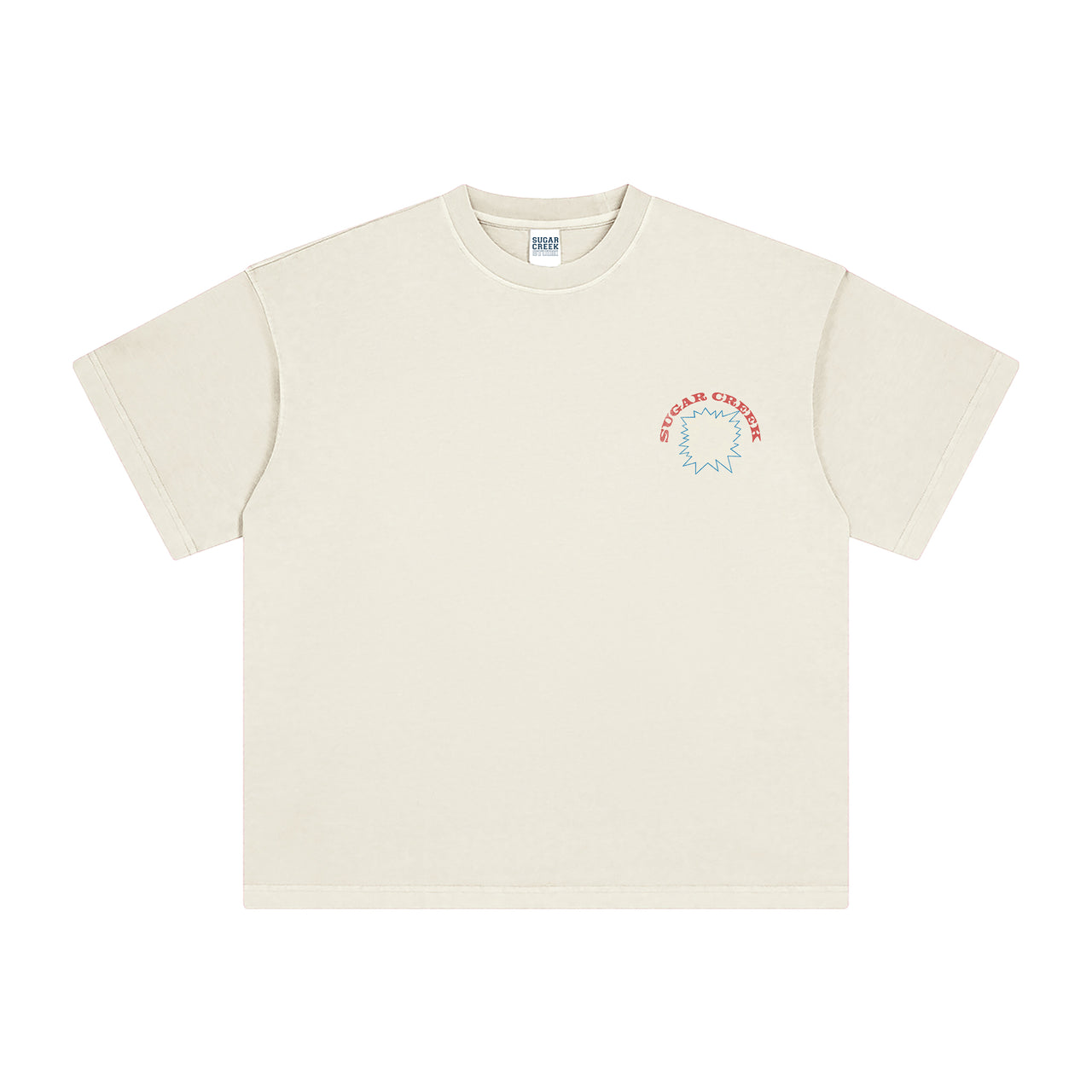 Beige t-shirt with a circular logo on a white background