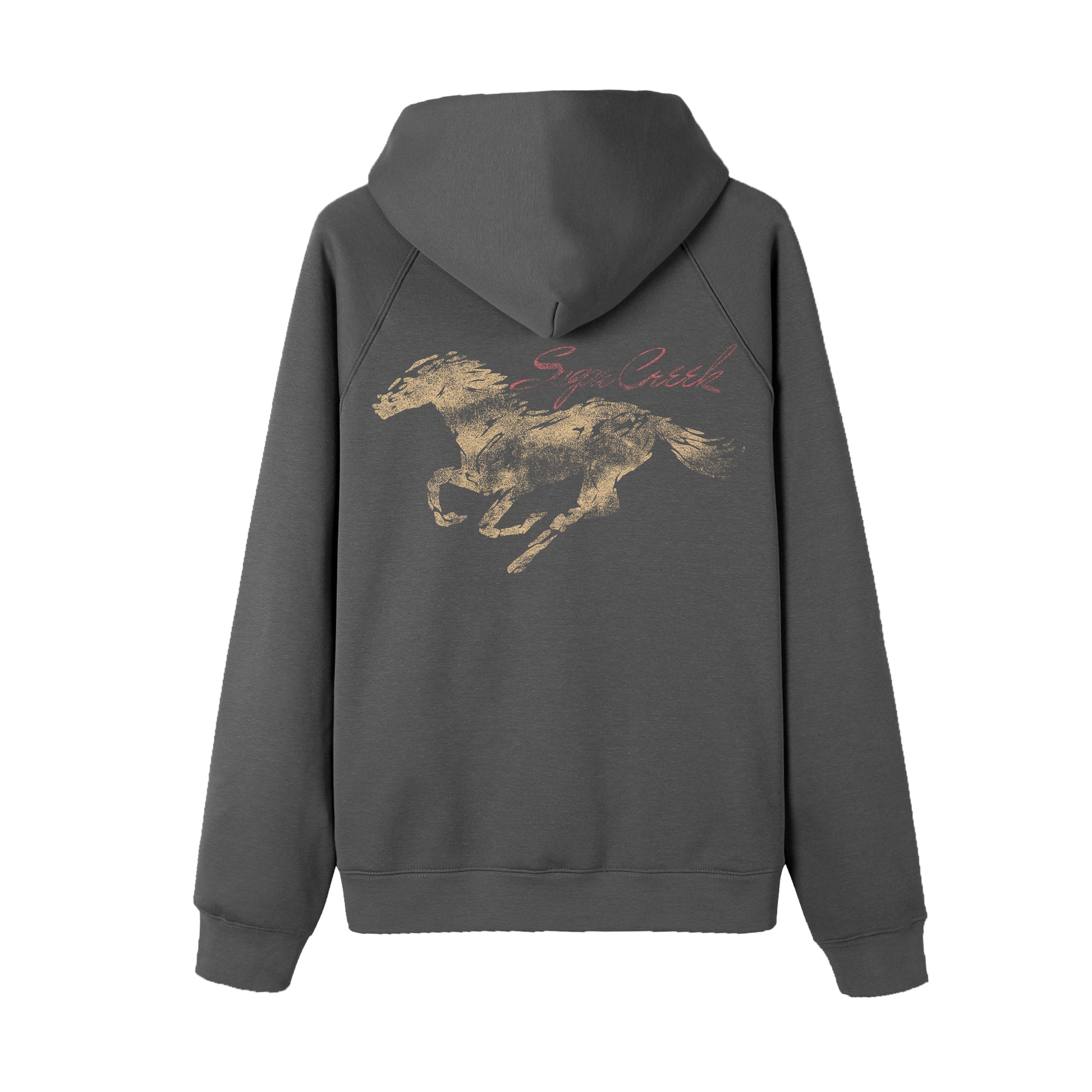 Gray hoodie with a horse graphic on the back against a white background