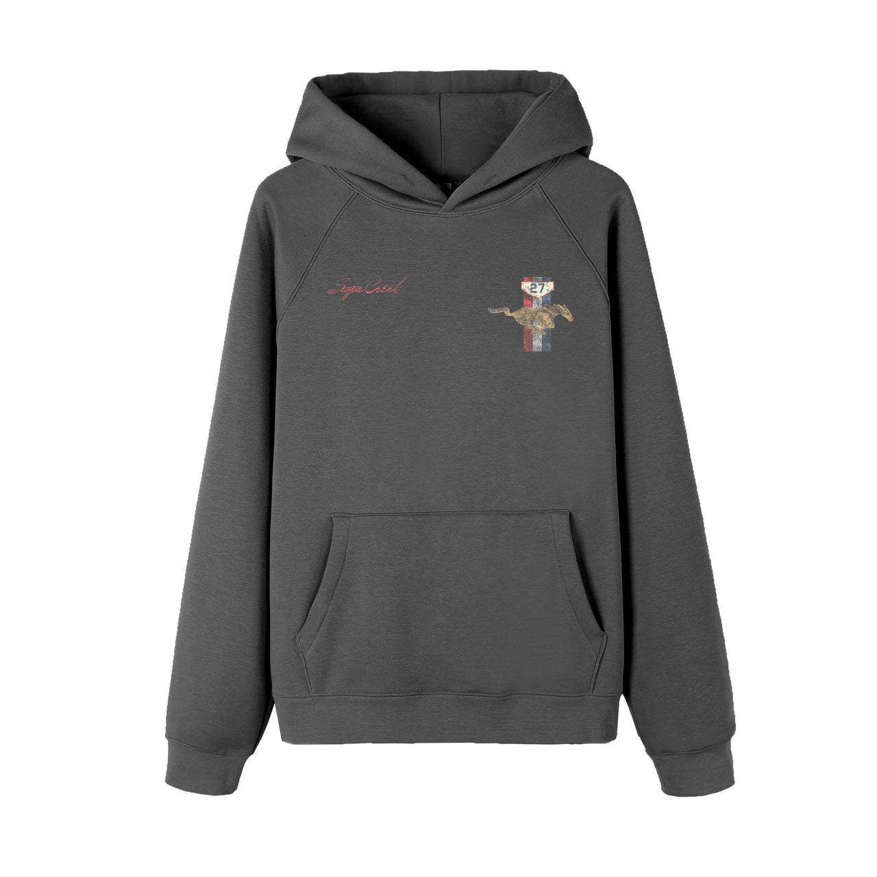 Dark gray hoodie with embroidered design on a white background