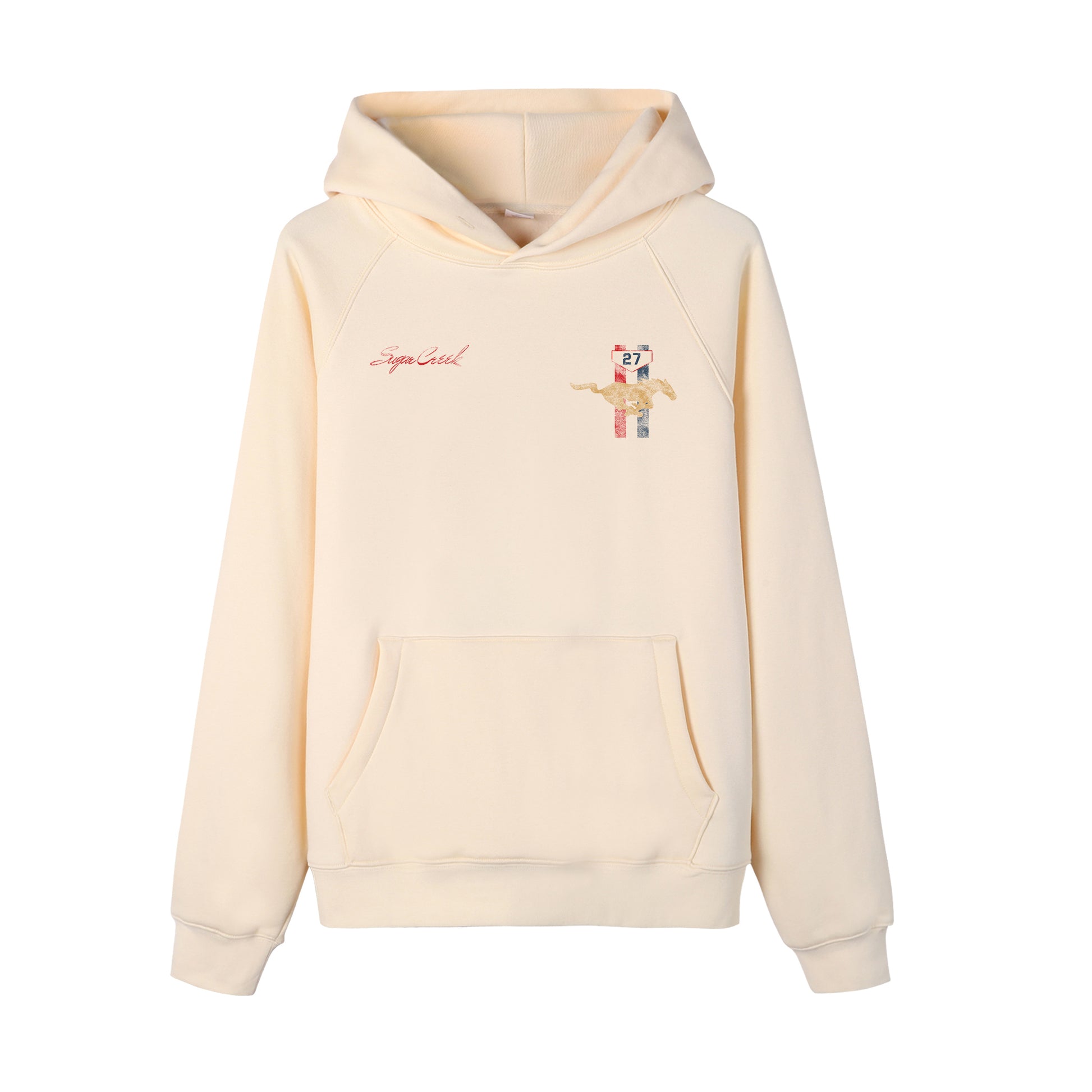 Beige hoodie with embroidered designs on a white background